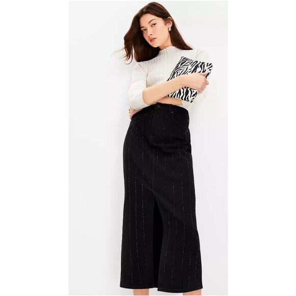 Loft Black Denim Midi Skirt Size 0 Sparkle Pinstripe Holiday Party - Picture 1 of 11